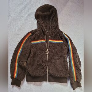 Black Zip Up Teddy Hoodie Rainbow Detail